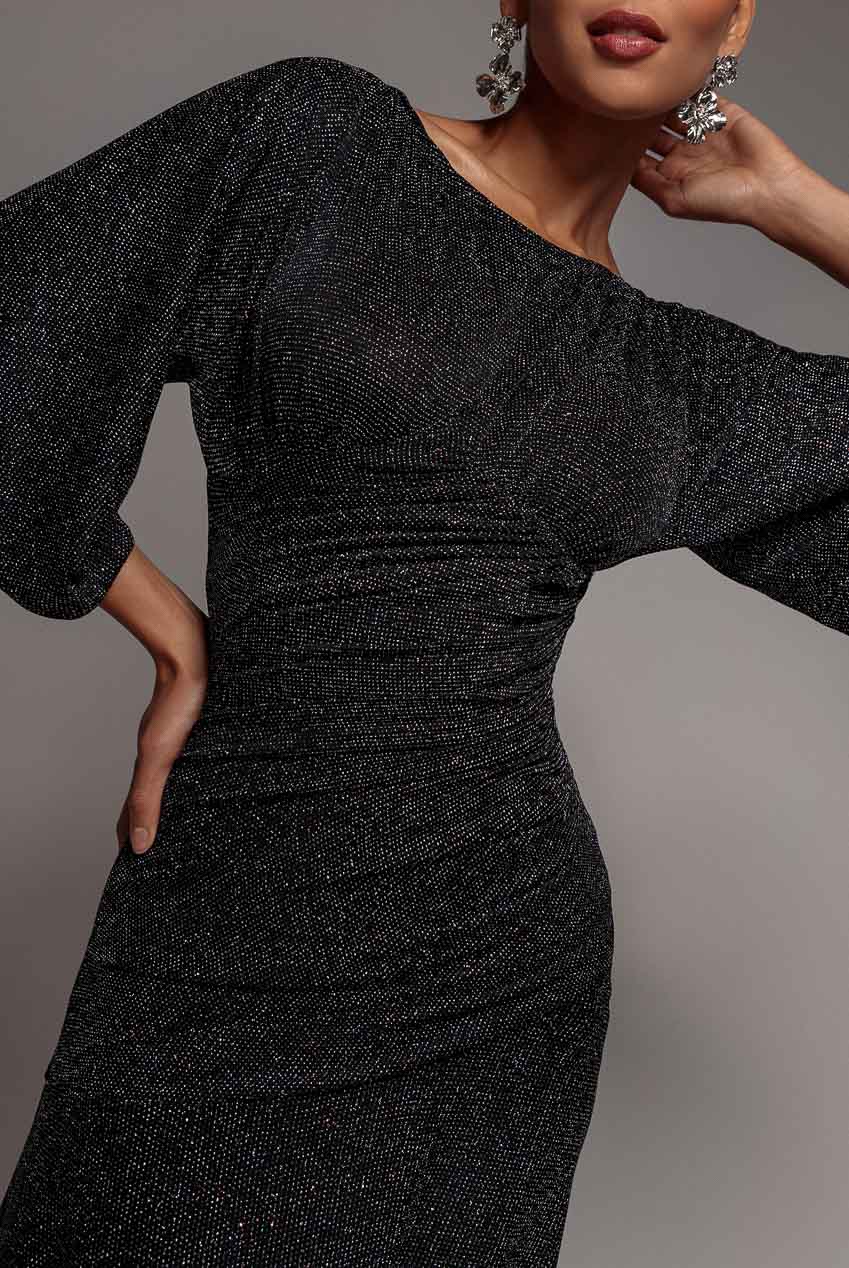 Goddiva Lurex Kimono Sleeve Gathered Waist Maxi Dress - Black