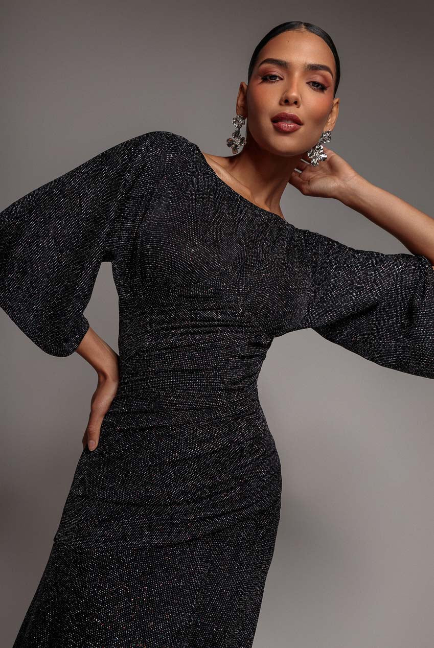 Goddiva Lurex Kimono Sleeve Gathered Waist Maxi Dress - Black