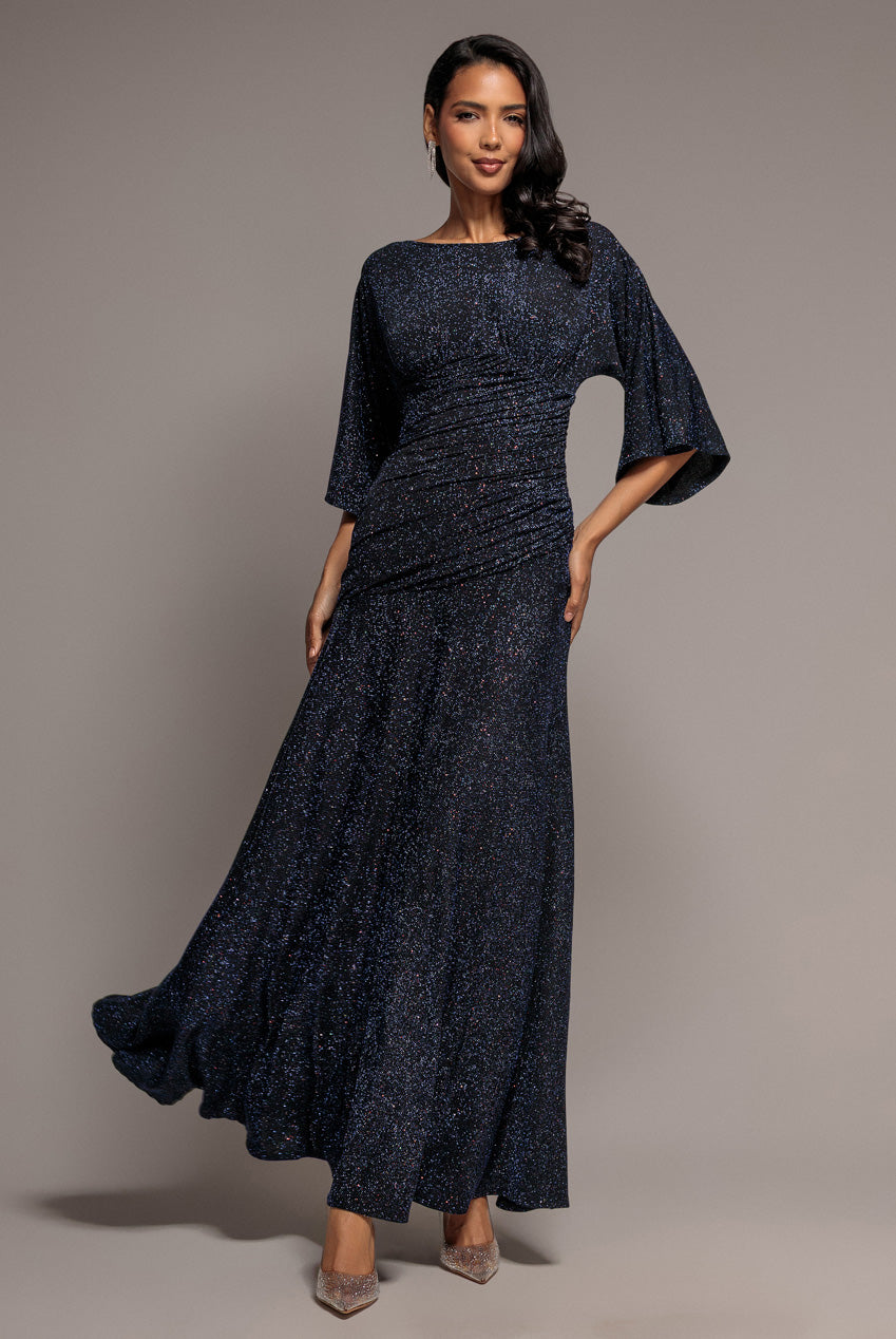 Goddiva Lurex Kimono Sleeve Gathered Waist Maxi Dress - Navy Blue