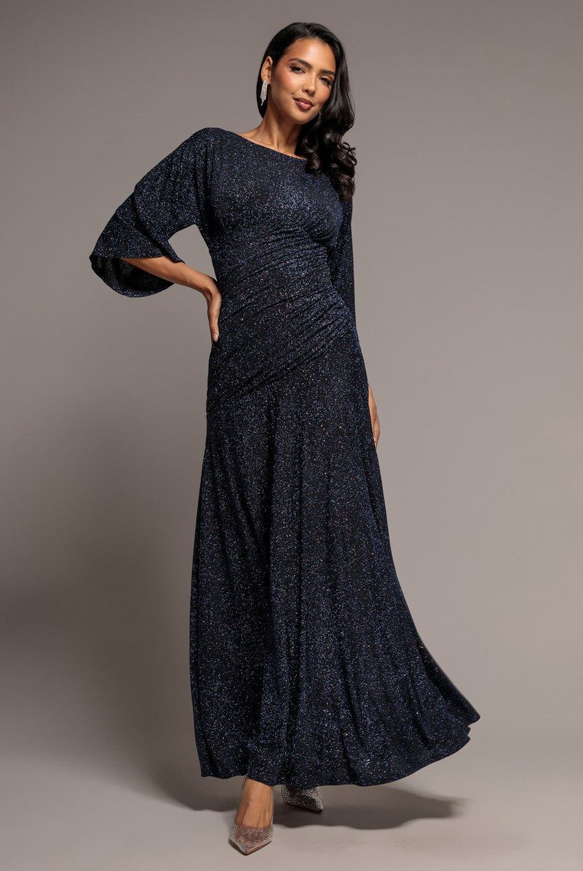 Goddiva Lurex Kimono Sleeve Gathered Waist Maxi Dress - Navy Blue