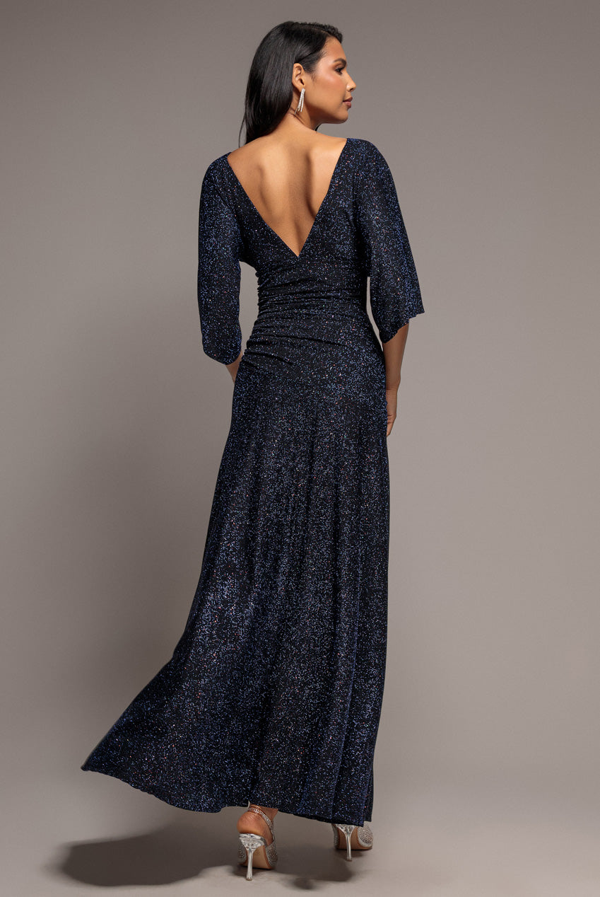 Goddiva Lurex Kimono Sleeve Gathered Waist Maxi Dress - Navy Blue