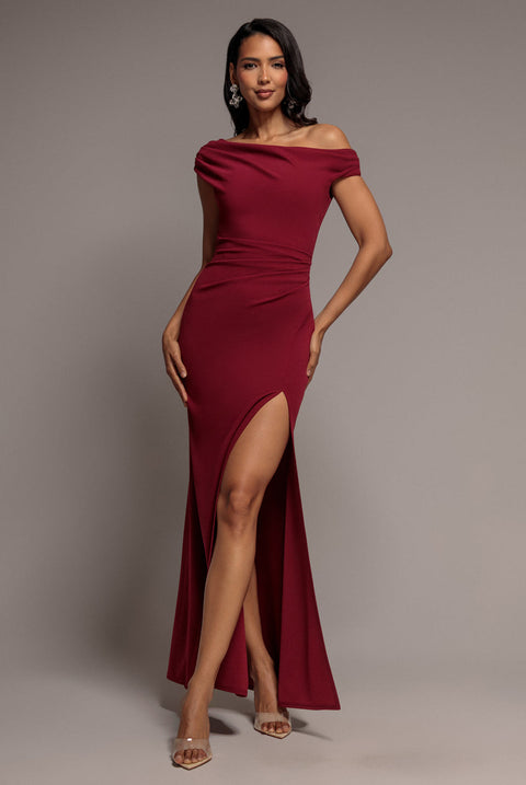 Goddiva Asymmetric One Shoulder Front Split Scuba Crepe Maxi Dress - Burgundy