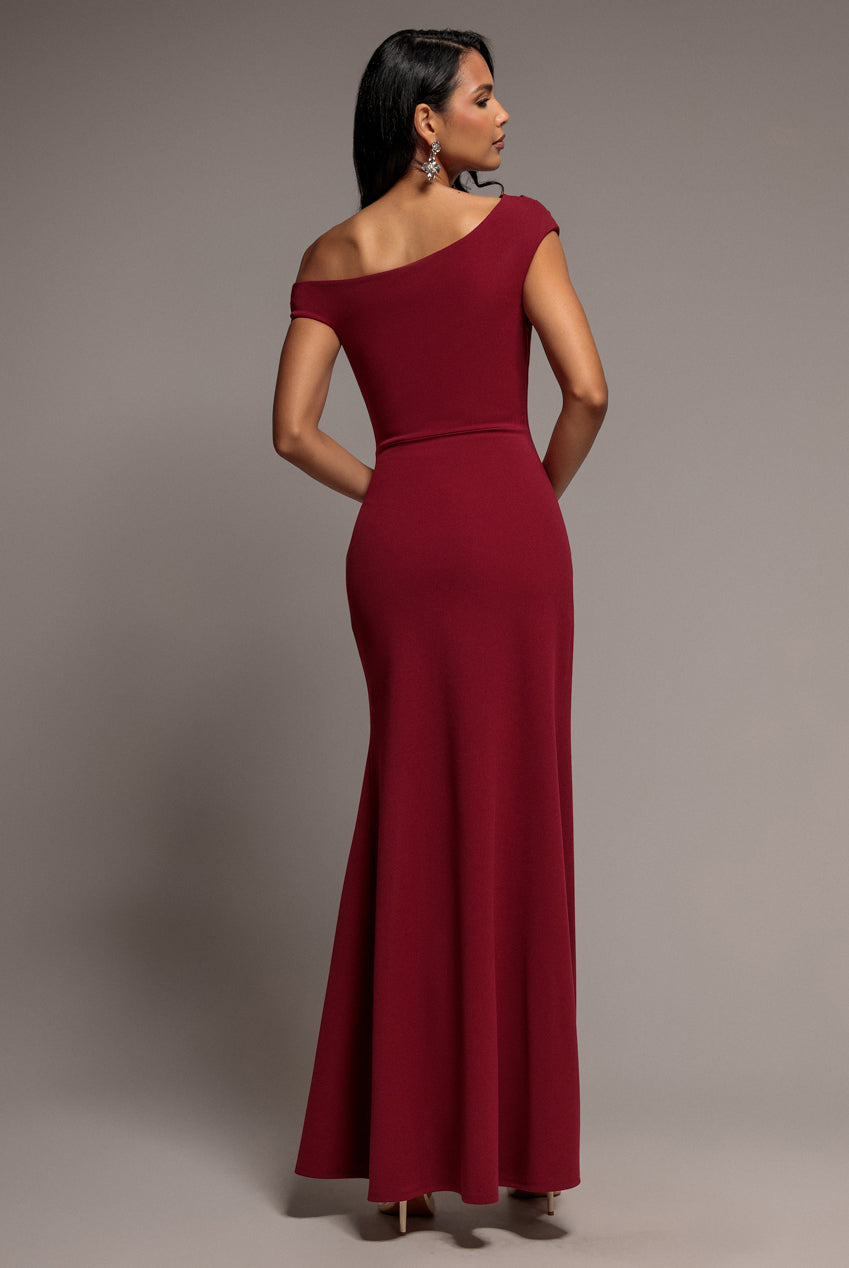 Goddiva Asymmetric One Shoulder Front Split Scuba Crepe Maxi Dress - Burgundy