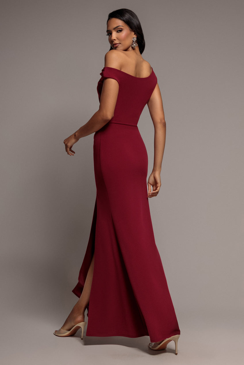 Goddiva Asymmetric One Shoulder Front Split Scuba Crepe Maxi Dress - Burgundy