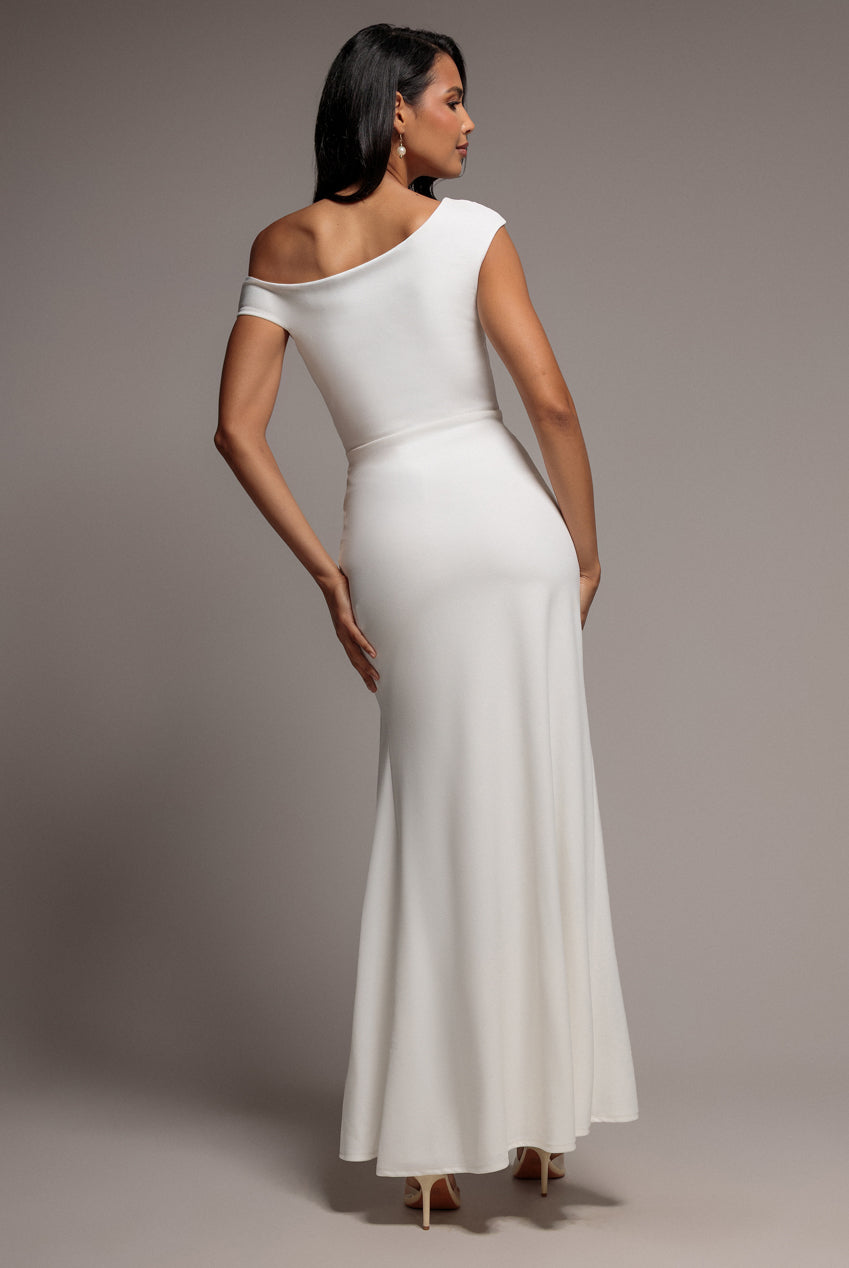 Goddiva Asymmetric One Shoulder Front Split Scuba Crepe Maxi Dress - White