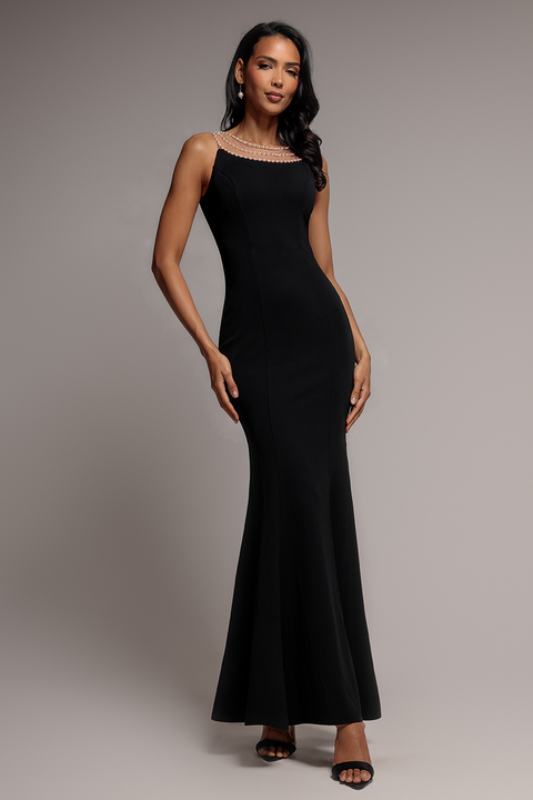 Goddiva Diamante Pearl Neck Scuba Crepe Sleeveless Maxi Dress - Black