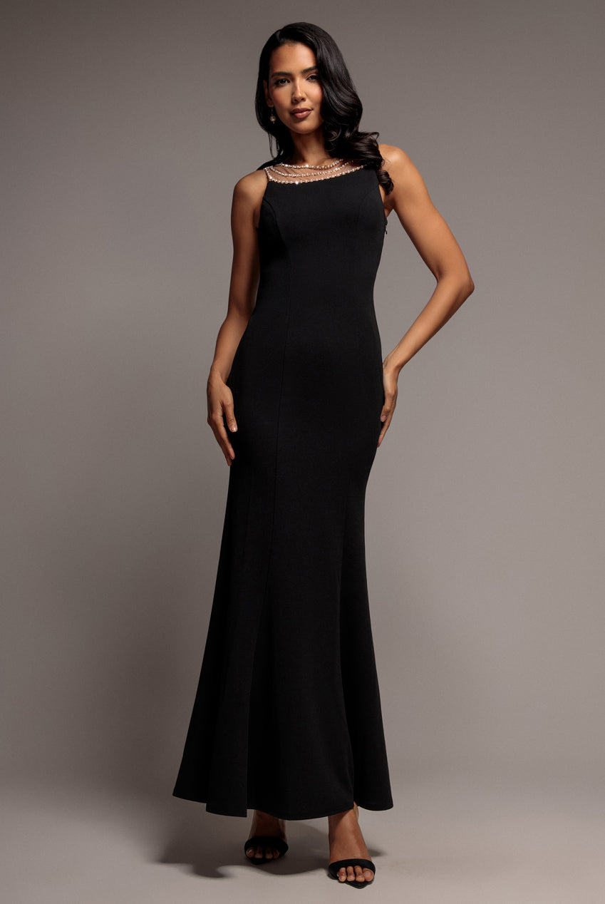 Goddiva Diamante Pearl Neck Scuba Crepe Sleeveless Maxi Dress - Black