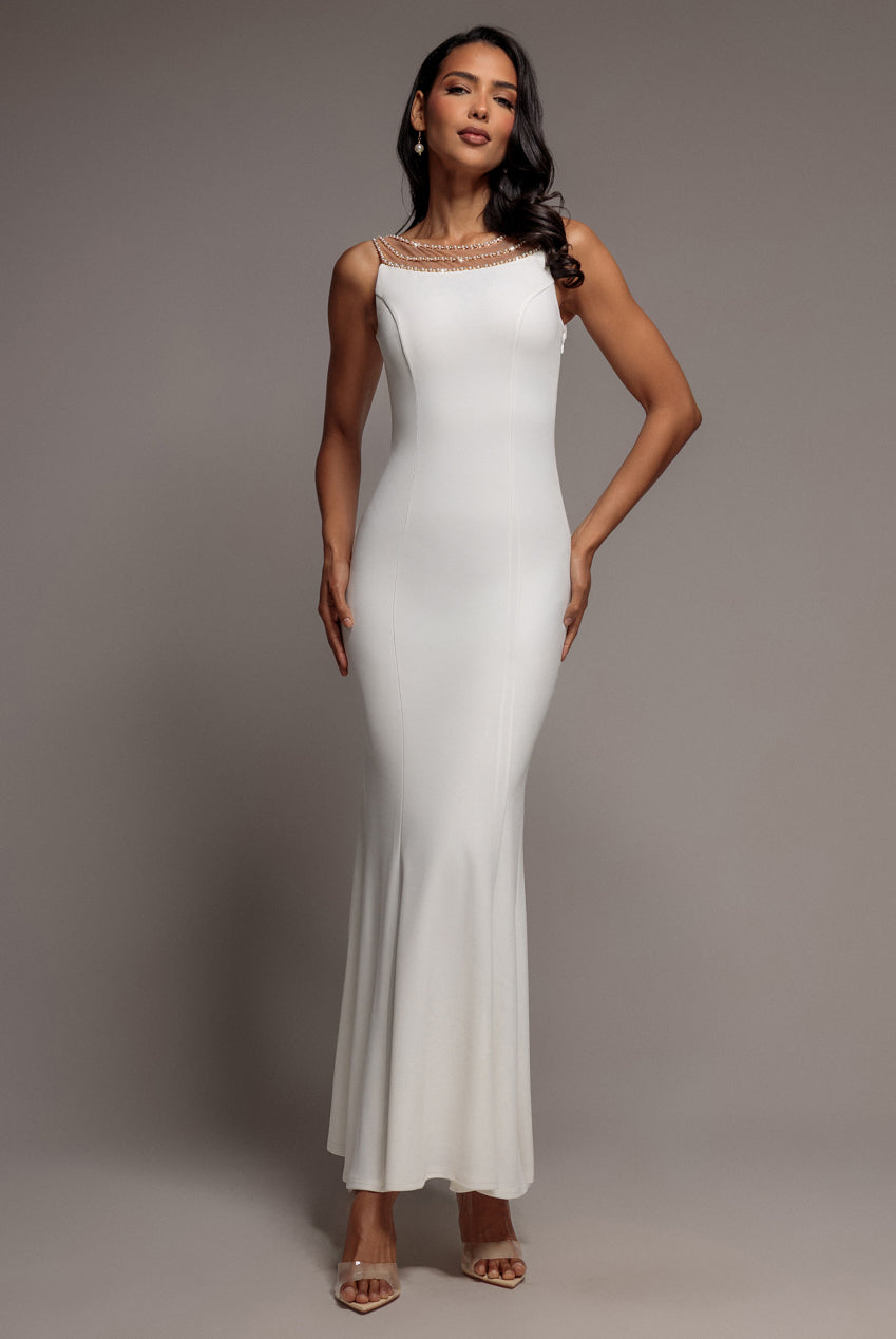 Goddiva Diamante Pearl Neck Scuba Crepe Sleeveless Maxi Dress - White