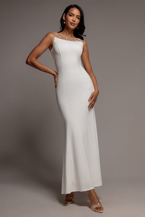 Goddiva Diamante Pearl Neck Scuba Crepe Sleeveless Maxi Dress - White