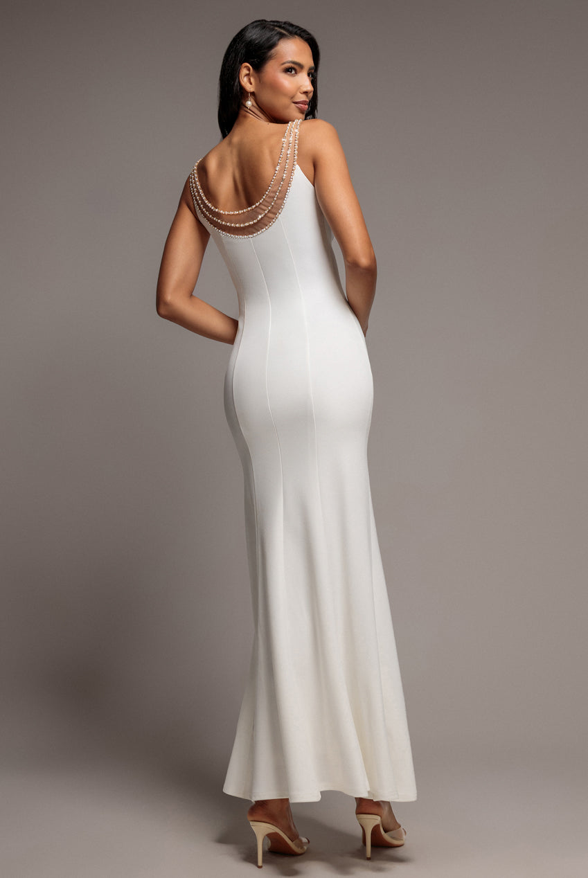 Goddiva Diamante Pearl Neck Scuba Crepe Sleeveless Maxi Dress - White