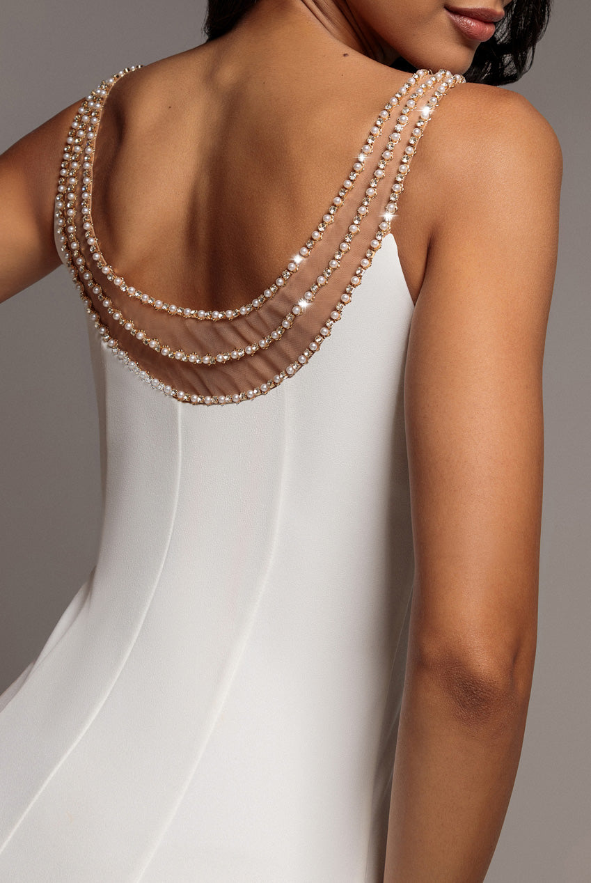 Goddiva Diamante Pearl Neck Scuba Crepe Sleeveless Maxi Dress - White