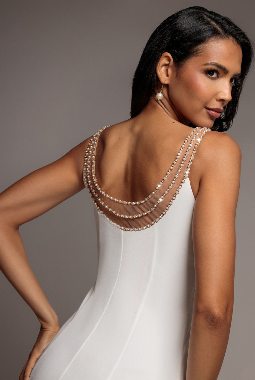 Goddiva Diamante Pearl Neck Scuba Crepe Sleeveless Maxi Dress - White