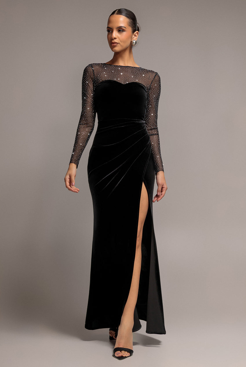 Goddiva Diamante Sleeves Illusion Neck Front Wrap Velvet Maxi Dress - Black