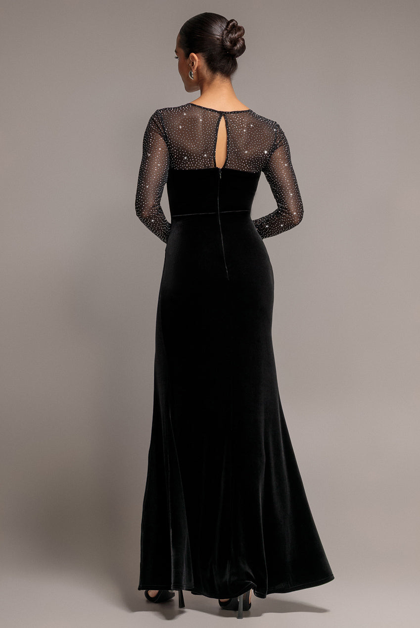 Goddiva Diamante Sleeves Illusion Neck Front Wrap Velvet Maxi Dress - Black