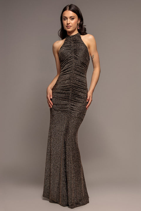 Goddiva Halter Neck Front Gathered Backless Glitter Maxi Dress - Gold