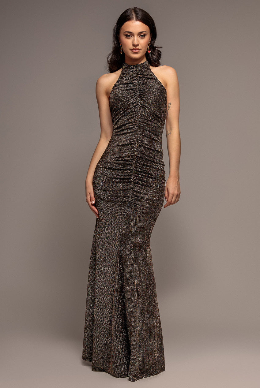 Goddiva Halter Neck Front Gathered Backless Glitter Maxi Dress - Gold