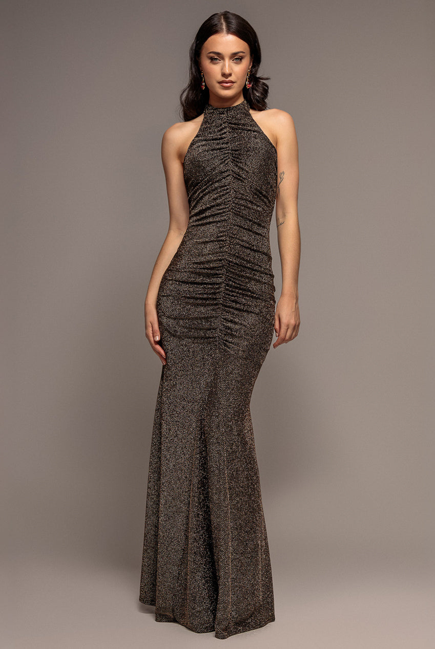 Goddiva Halter Neck Front Gathered Backless Glitter Maxi Dress - Gold