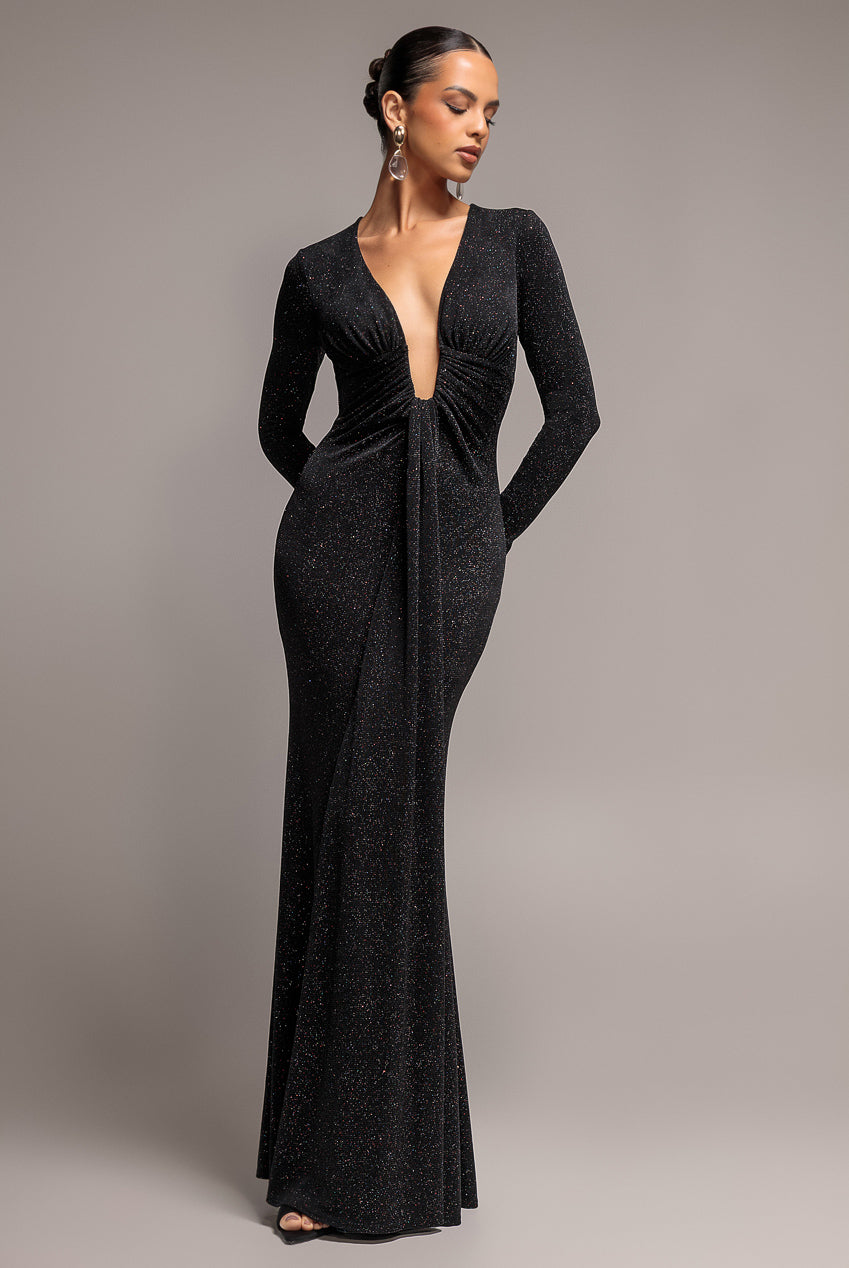 Goddiva Plunge Neck Long Sleeve Front Draped Lurex Maxi Dress - Black