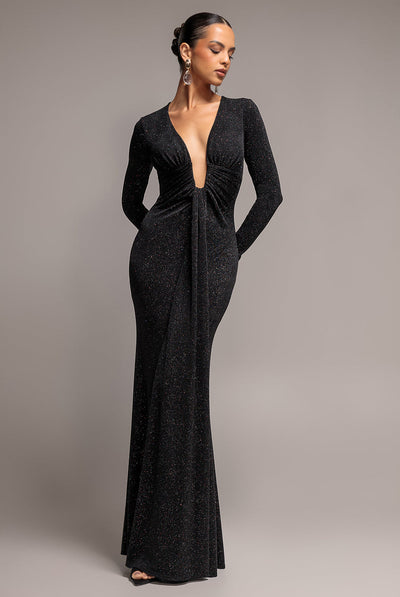 Black - Goddiva Plunge Neck Long Sleeve Front Draped Lurex Maxi Dress - Black