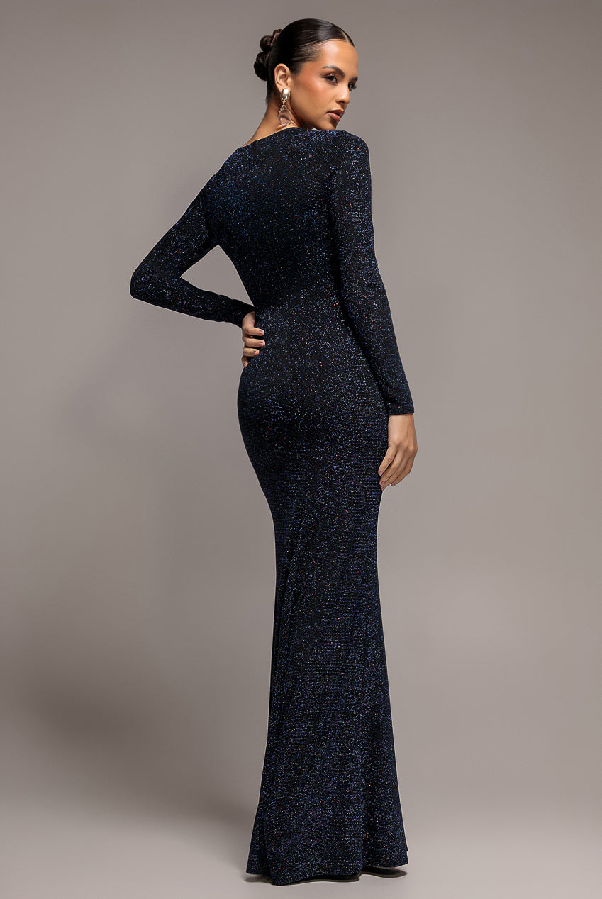 Goddiva Plunge Neck Long Sleeve Front Draped Lurex Maxi Dress - Navy Blue