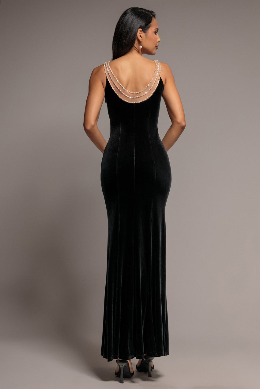 Goddiva Pearl Diamante Neck Velvet Maxi Dress - Black