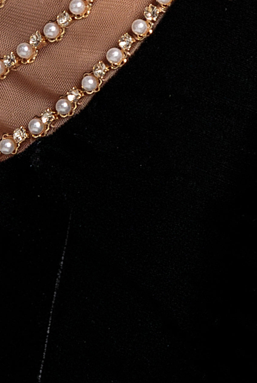 Goddiva Pearl Diamante Neck Velvet Maxi Dress - Black
