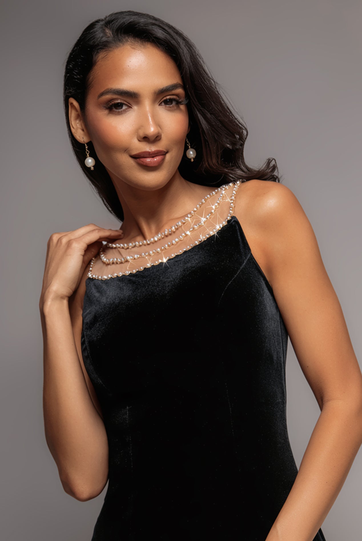 Goddiva Pearl Diamante Neck Velvet Maxi Dress - Black