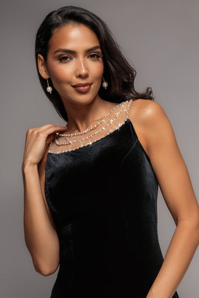 Black - Goddiva Pearl Diamante Neck Velvet Maxi Dress - Black