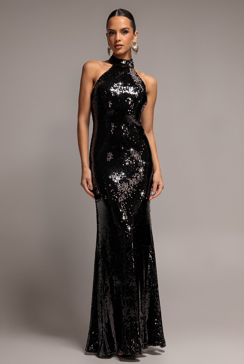 Goddiva Sequin Open Back Halter Neck Maxi Dress - Black