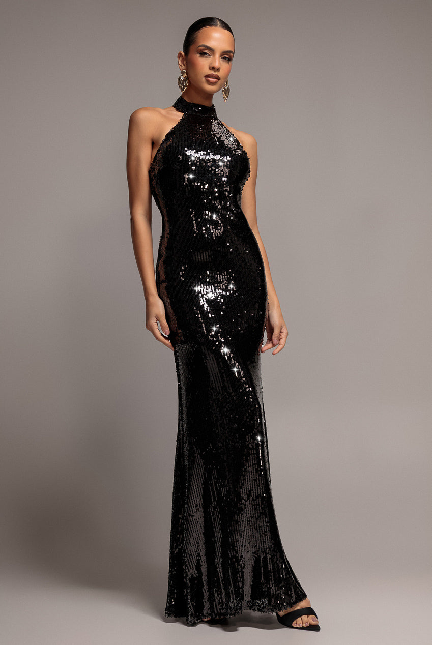 Goddiva Sequin Open Back Halter Neck Maxi Dress - Black