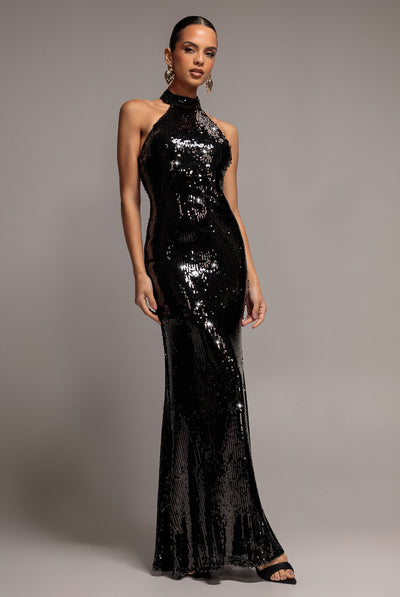 Black - Goddiva Sequin Open Back Halter Neck Maxi Dress - Black
