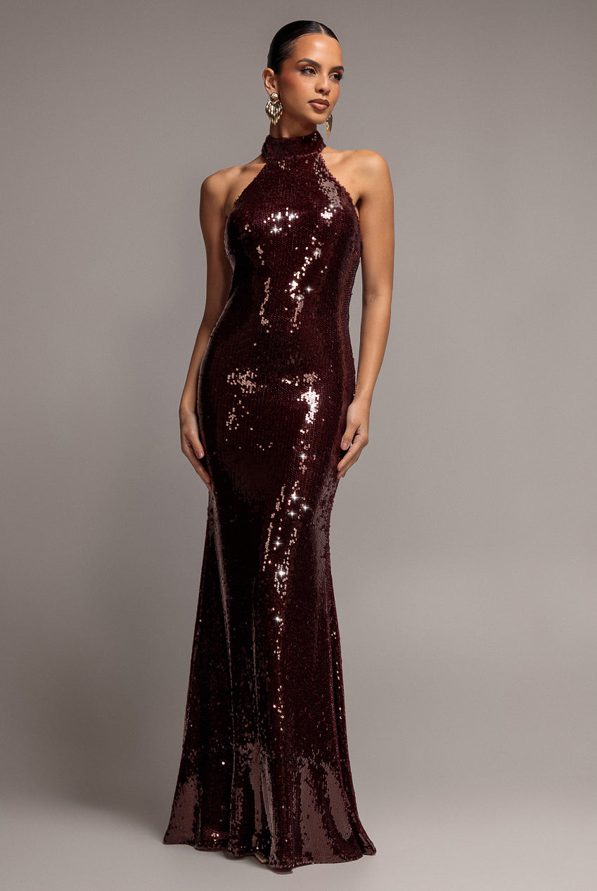 Goddiva Sequin Open Back Halter Neck Maxi Dress - Burgundy