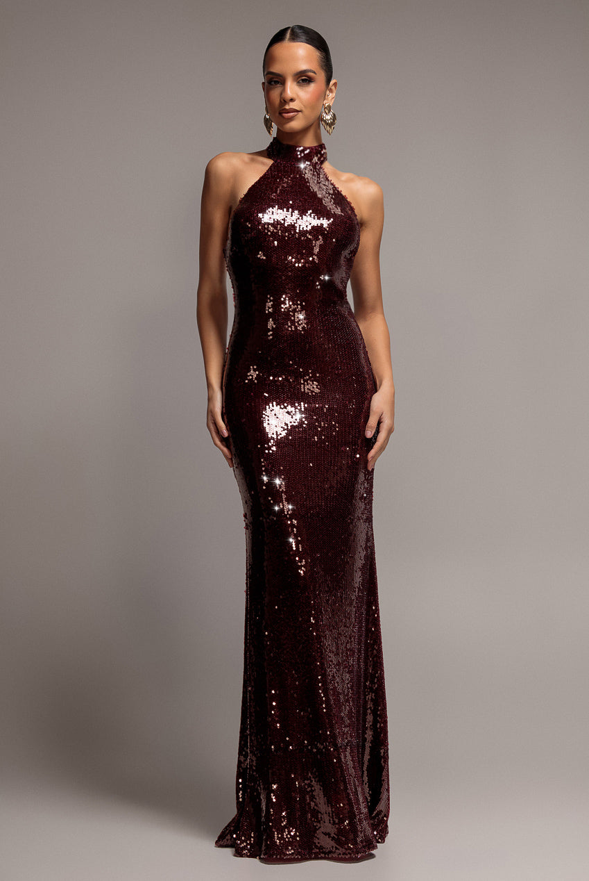 Goddiva Sequin Open Back Halter Neck Maxi Dress - Burgundy