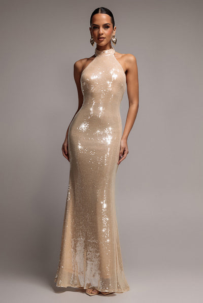 Nude - Goddiva Sequin Open Back Halter Neck Maxi Dress - Nude