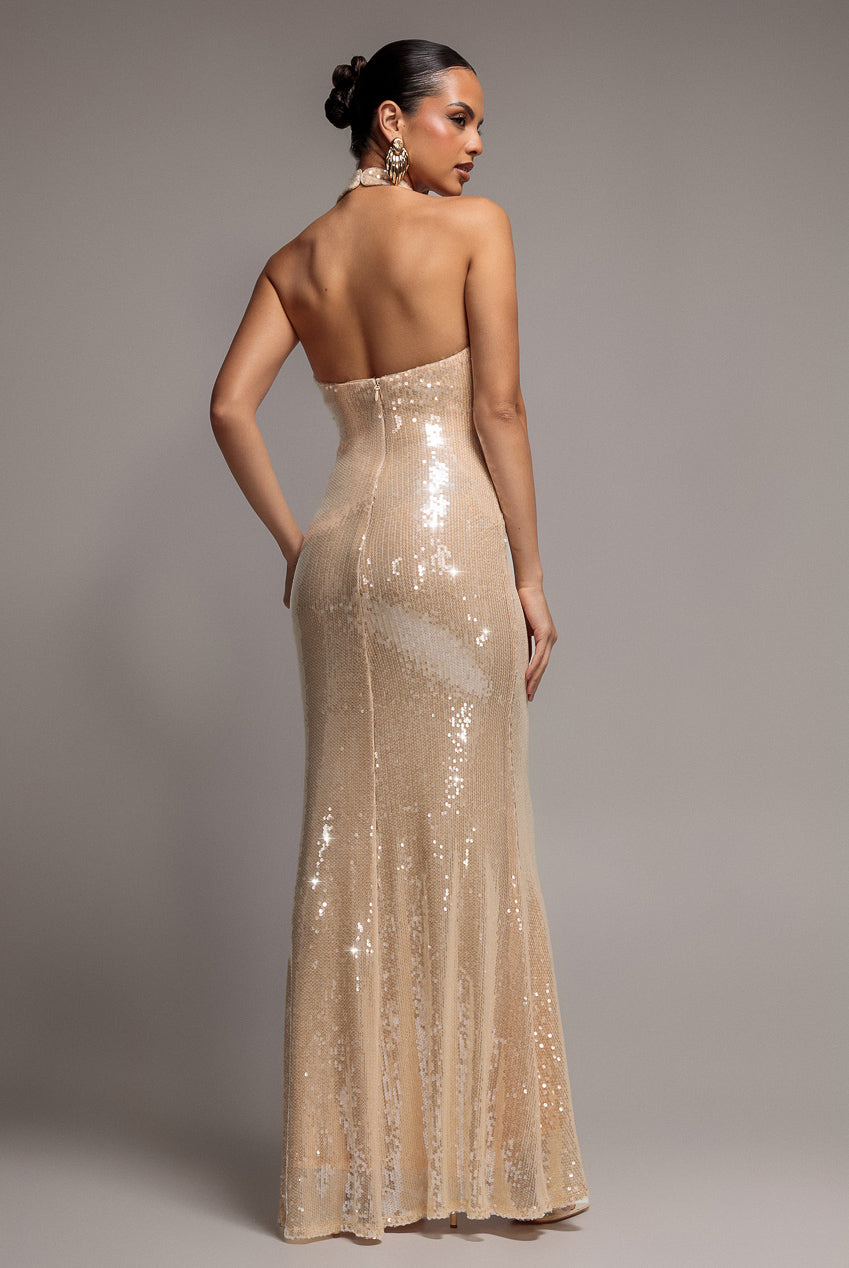 Goddiva Sequin Open Back Halter Neck Maxi Dress - Nude