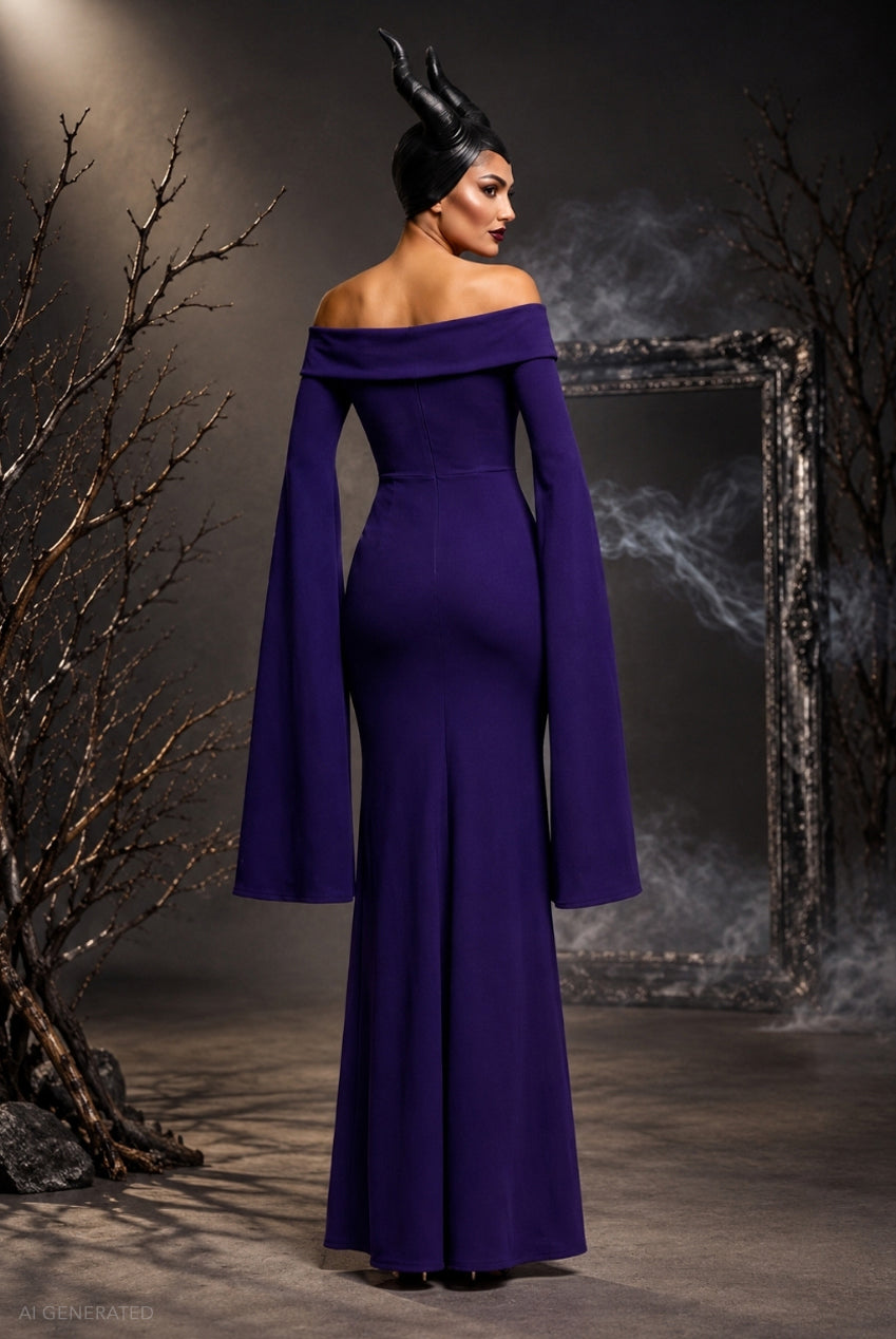Goddiva Long Cape Sleeve Maxi Maleficent-Inspired Halloween Costume - Deep Purple
