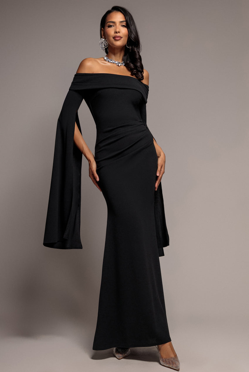 Goddiva Off Shoulder Bardot Maxi Dress With  Split Cape Sleeves - Black