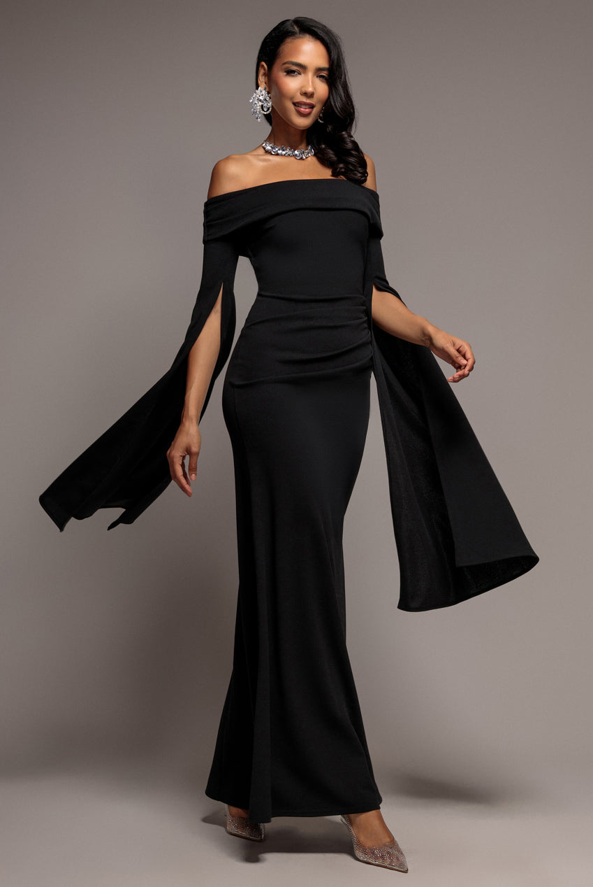 Goddiva Off Shoulder Bardot Maxi Dress With  Split Cape Sleeves - Black