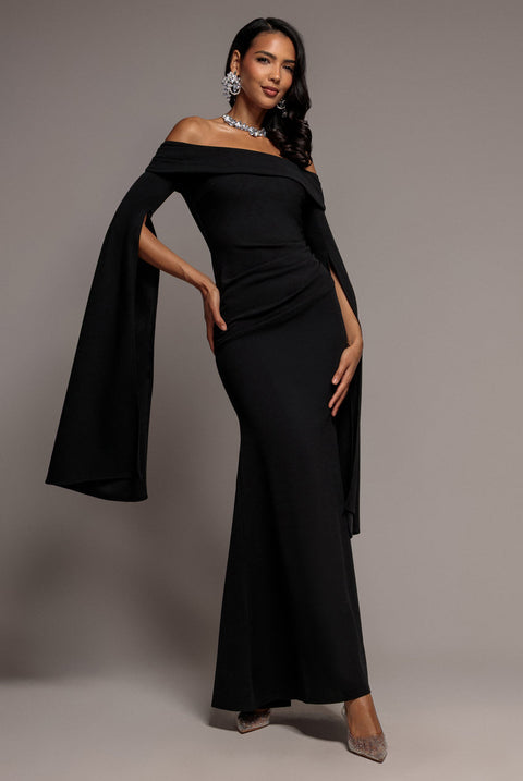 Goddiva Off Shoulder Bardot Maxi Dress With  Split Cape Sleeves - Black