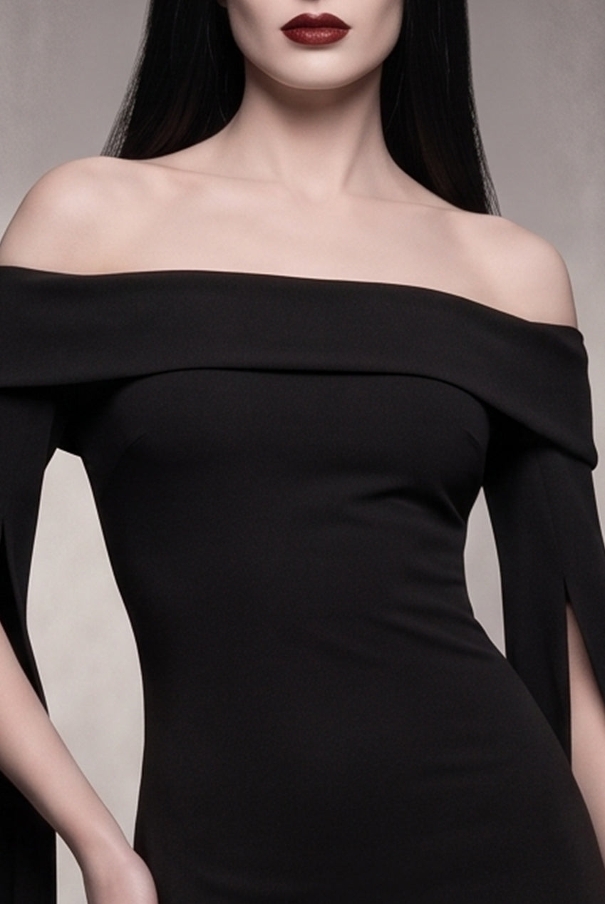 Goddiva Long Cape Sleeve Maxi Morticia Addams -Inspired Halloween Costume - Black