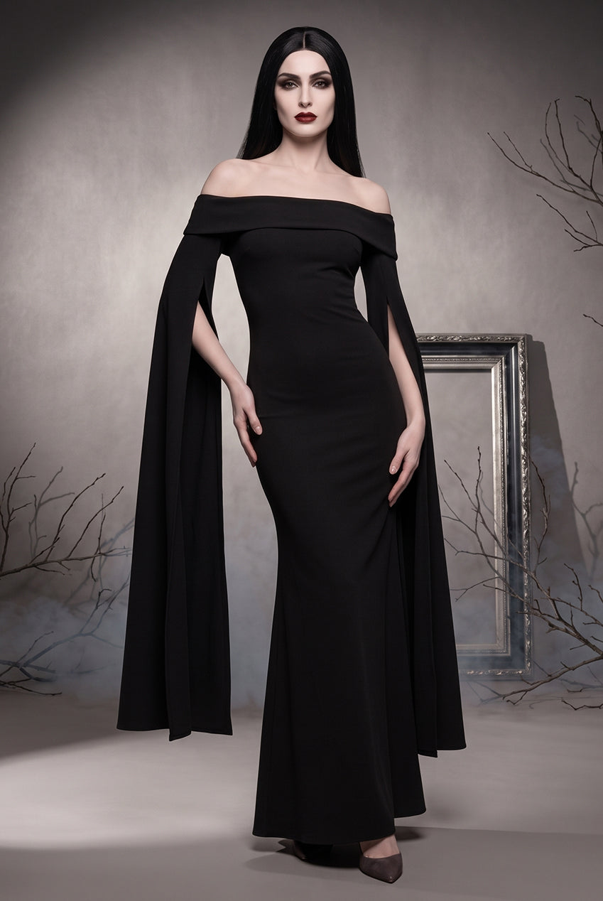 Goddiva Long Cape Sleeve Maxi Morticia Addams -Inspired Halloween Costume - Black