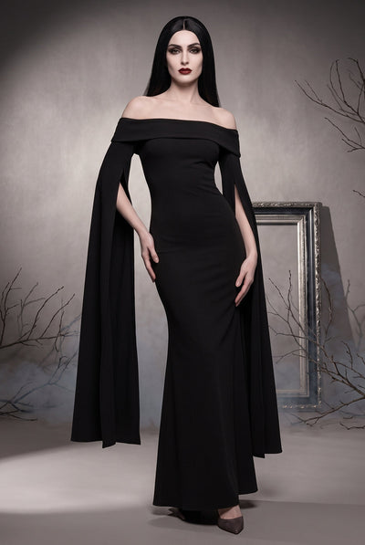 Black - Goddiva Long Cape Sleeve Maxi Morticia Addams -Inspired Halloween Costume - Black