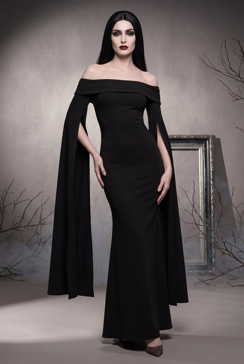 Goddiva Long Cape Sleeve Maxi Morticia Addams -Inspired Halloween Costume - Black