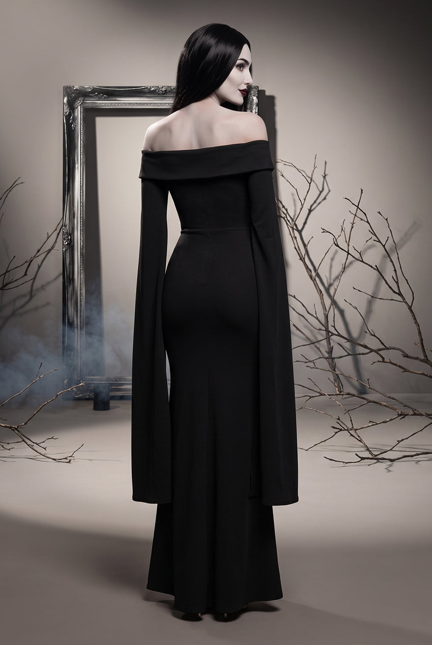 Goddiva Long Cape Sleeve Maxi Morticia Addams -Inspired Halloween Costume - Black