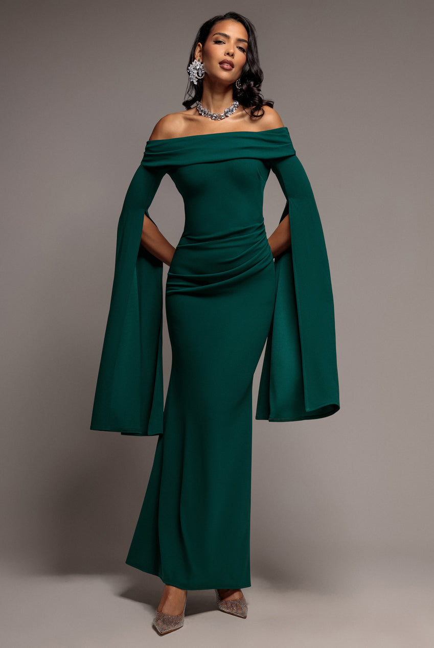 Goddiva Off Shoulder Bardot Maxi Dress With  Split Cape Sleeves - Emerald Green