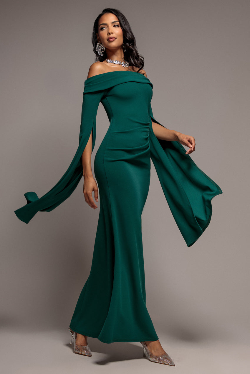 Goddiva Off Shoulder Bardot Maxi Dress With  Split Cape Sleeves - Emerald Green