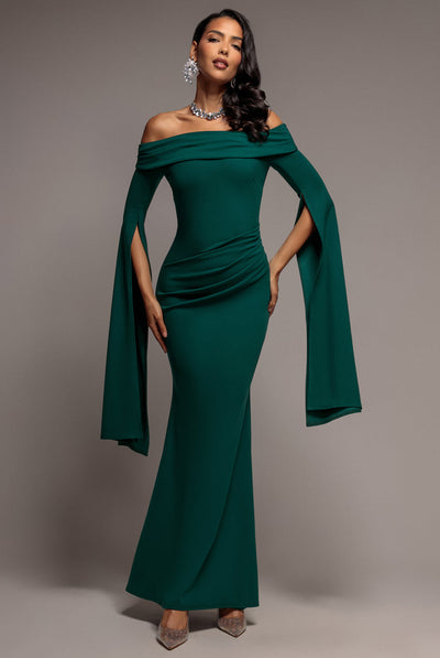 Emerald - Goddiva Off Shoulder Bardot Maxi Dress With  Split Cape Sleeves - Emerald Green