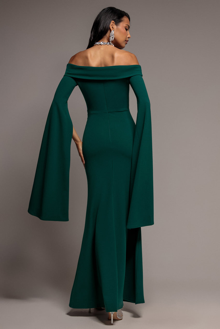 Goddiva Off Shoulder Bardot Maxi Dress With  Split Cape Sleeves - Emerald Green