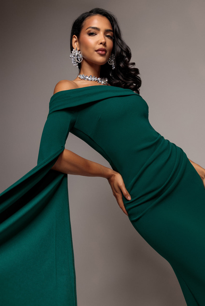 Goddiva Off Shoulder Bardot Maxi Dress With  Split Cape Sleeves - Emerald Green