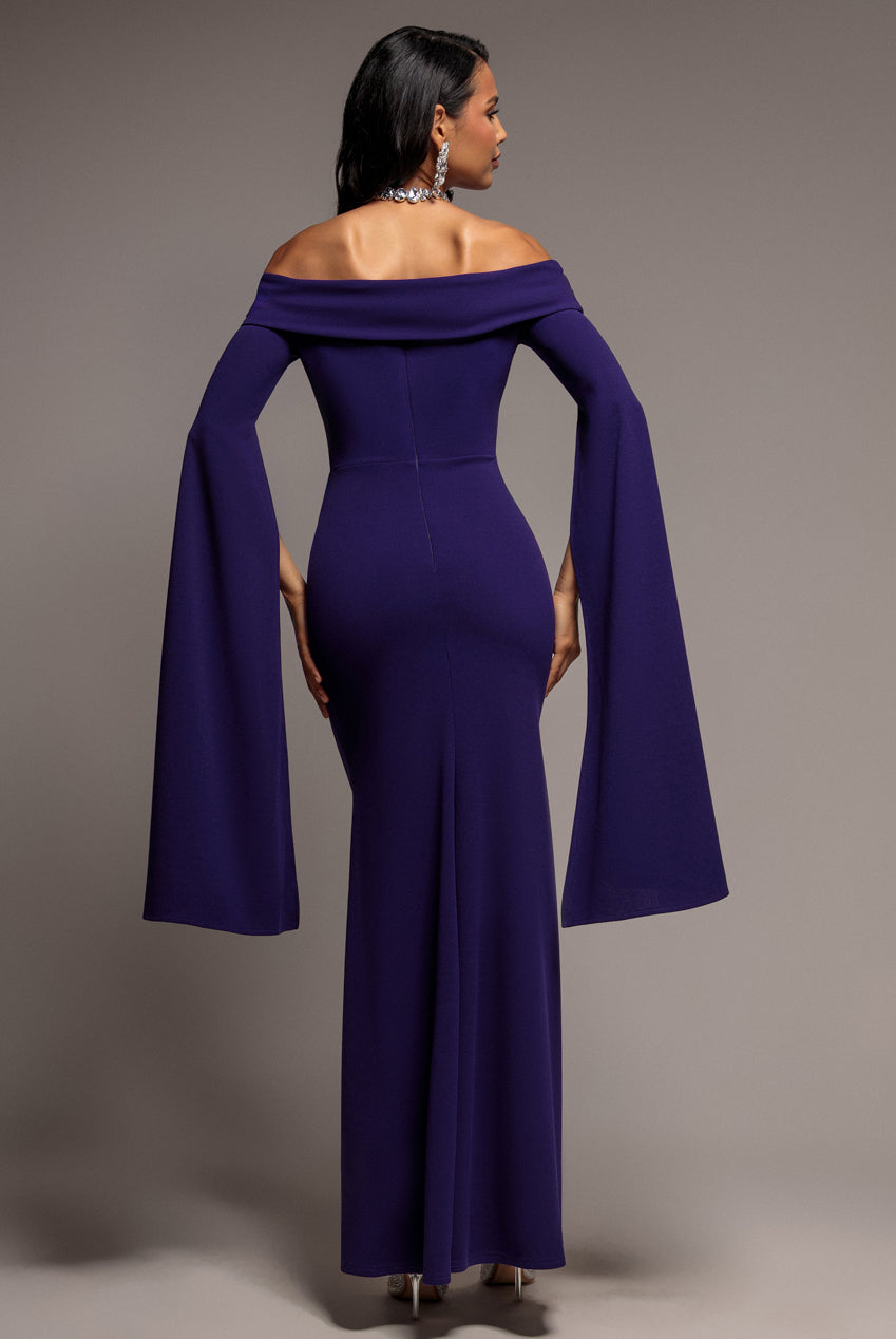 Goddiva Off Shoulder Bardot Maxi Dress With  Split Cape Sleeves - Deep Purple